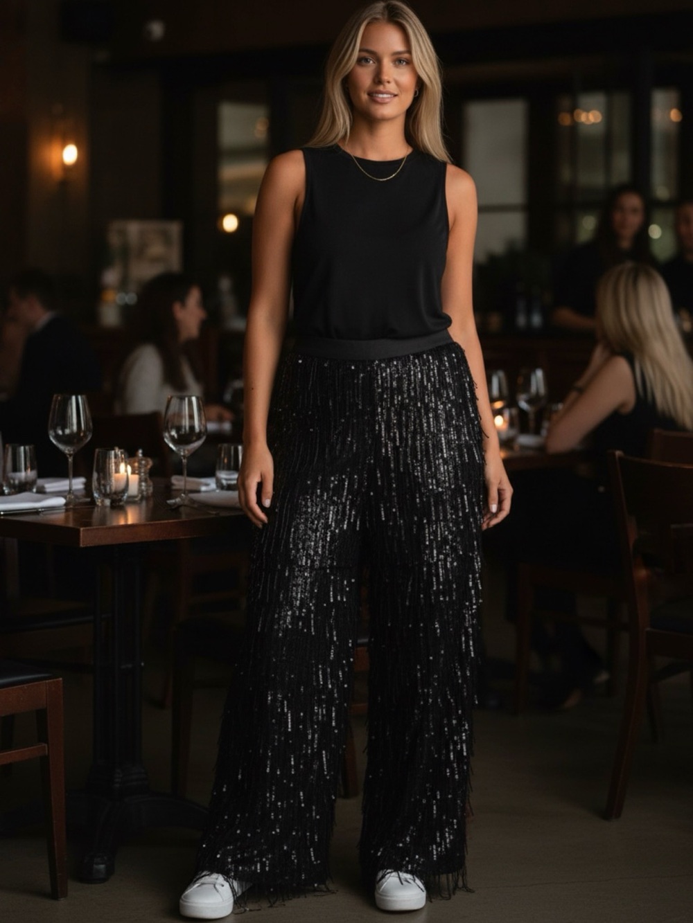 Gibson Latimer Black Sequin Fringe Wide Leg Pants